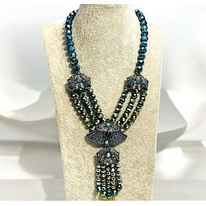 OIL SLICK NOUVEAU CHIC BLUE/GREEN BEADED TASSEL DROP NECKLACE.
